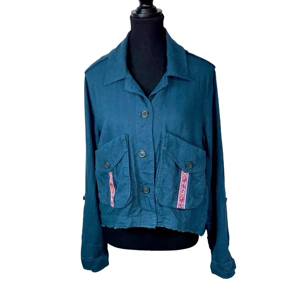 Jolt Jacket Medium Cropped Bomber Embroidered Button Front Pockets Slouchy Teal
